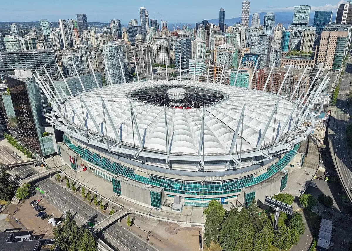 BC Place's white crown of masts in downtown Vancouver.